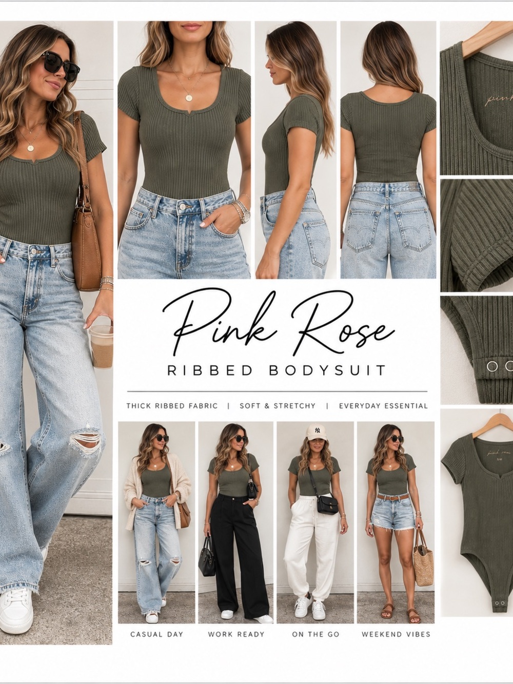 Pink Rose Olive Ribbed Scoop Neck Short Sleeve Bodysuit